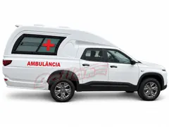 Chevrolet Montana Ambulância branca, vista lateral direita, com fundo branco e marca Bellan.