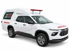 Chevrolet Montana Ambulância branca, vista dianteira e lateral direita, com fundo branco e marca Bellan.