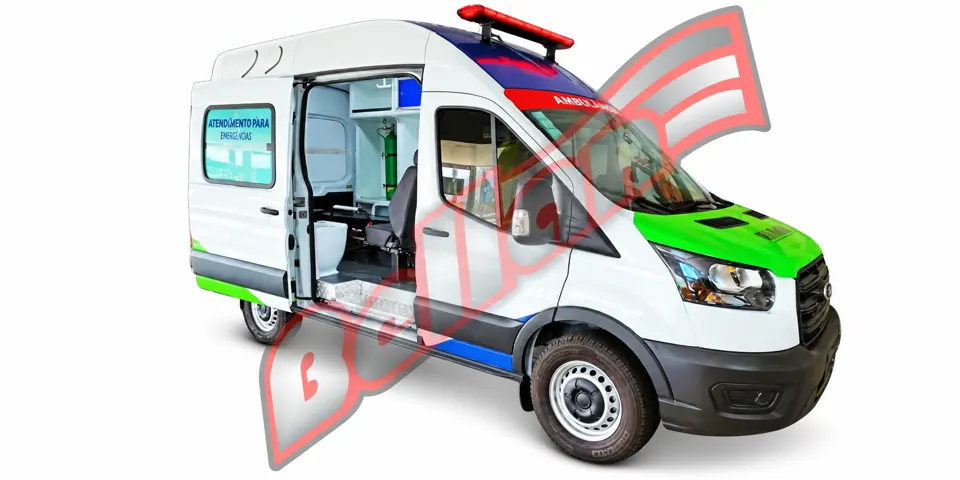 Ford Transit Ambulância em vista dianteira e lateral sobre fundo branco