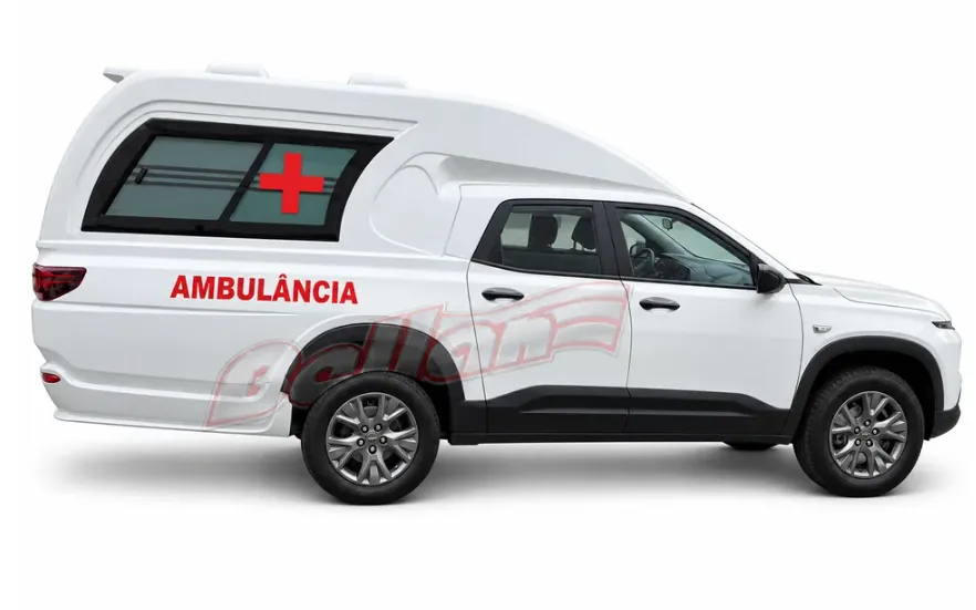 Montana Ambulância branca com transformação Bellan, vista lateral sobre fundo branco
