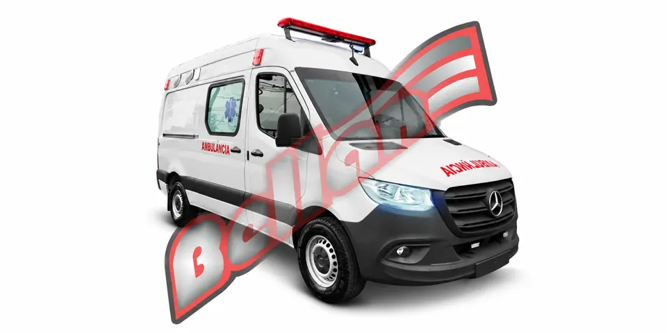 Mercedes-Benz Sprinter 417 Ambulância em vista dianteira e lateral sobre fundo branco